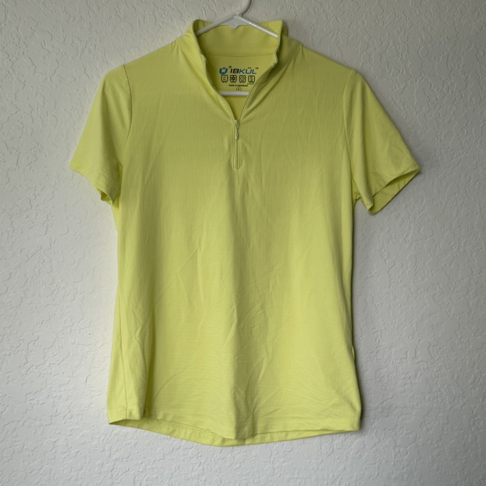 IBKUL Womens Top UPF Sun Shirt Sz Small Yellow Short Sleeve Quarter Zip Polo